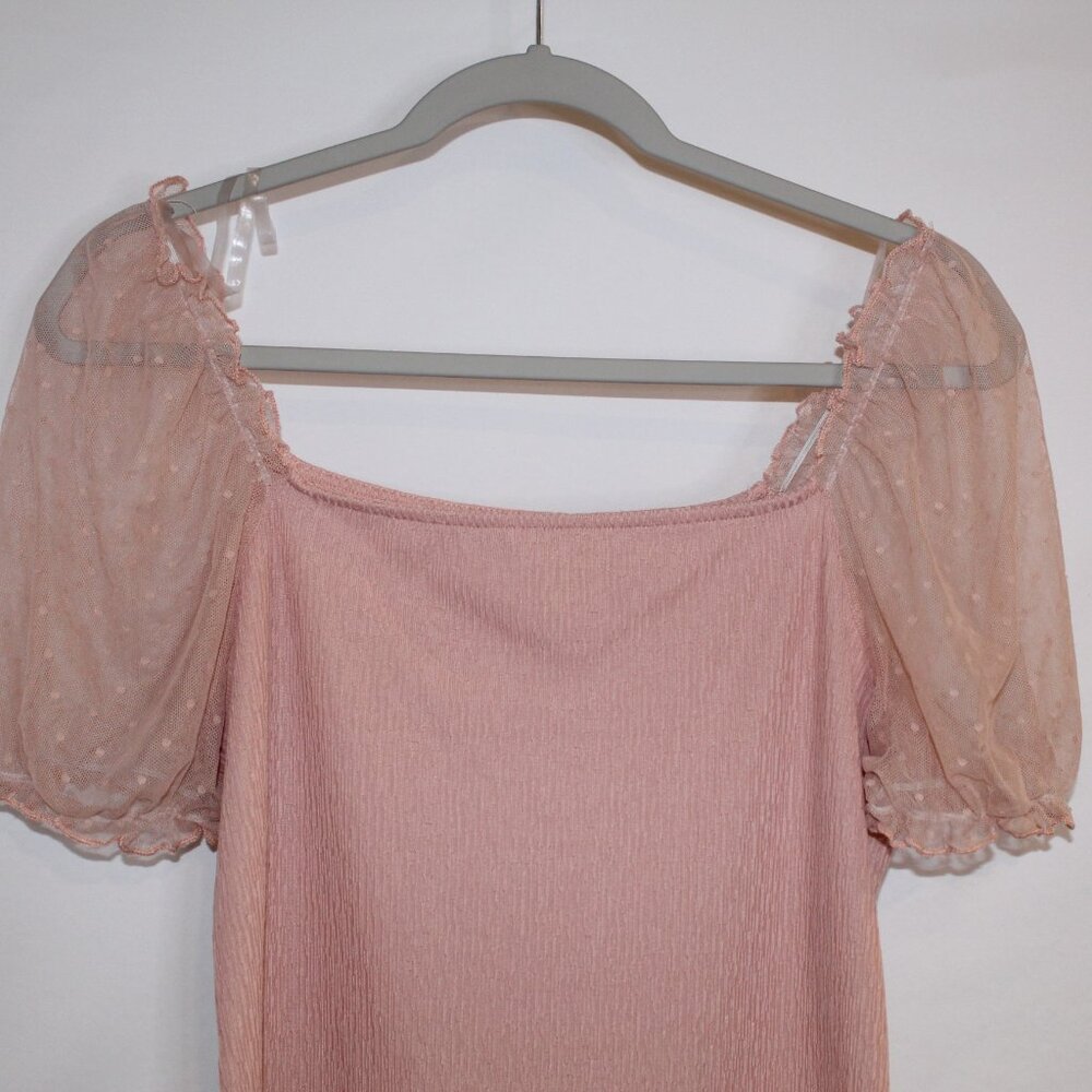 Evolutionary light pink square neck short sheer puffed sleeve cropped blouse L - Picture 2 of 7
